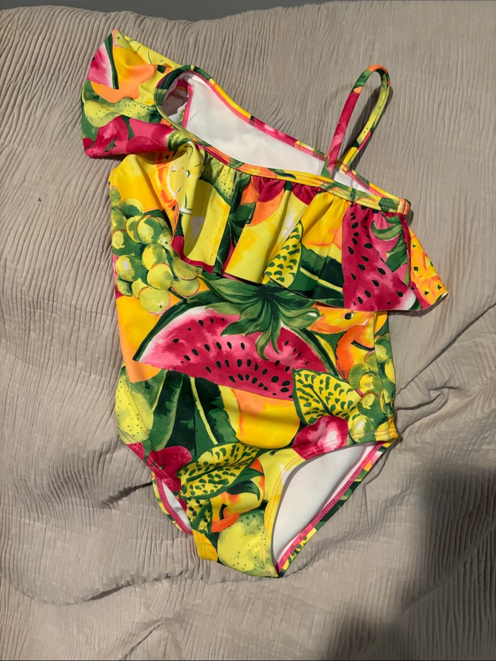 Janie and Jack Yellow & Pink Fruit Print One-Shoulder Swimsuit
